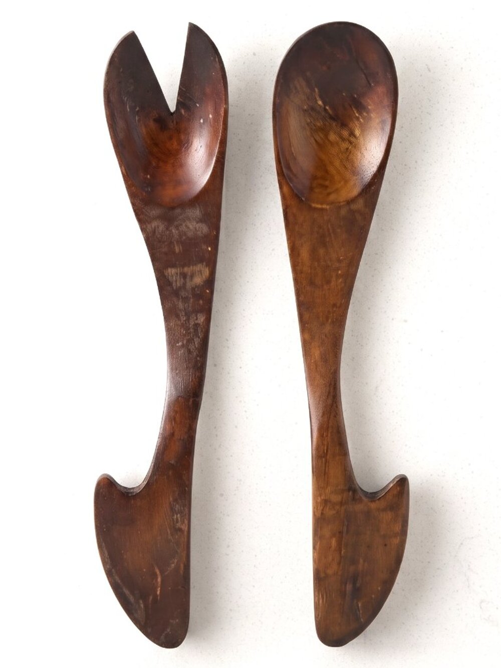 Vintage Monkey Pod Wood Salad Serving Spoon Fork Set Hand Carved MCM 11”